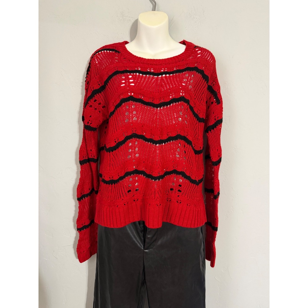 Freshman Red‎ Black Striped Crochet Knit Sweater Top Womens Medium